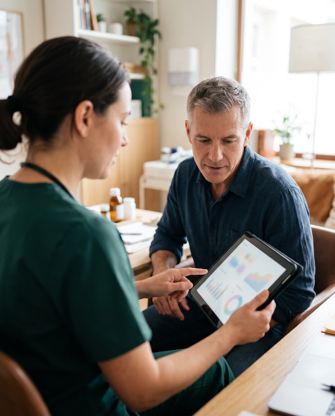 A physician and a patient reviewing results together on a tablet